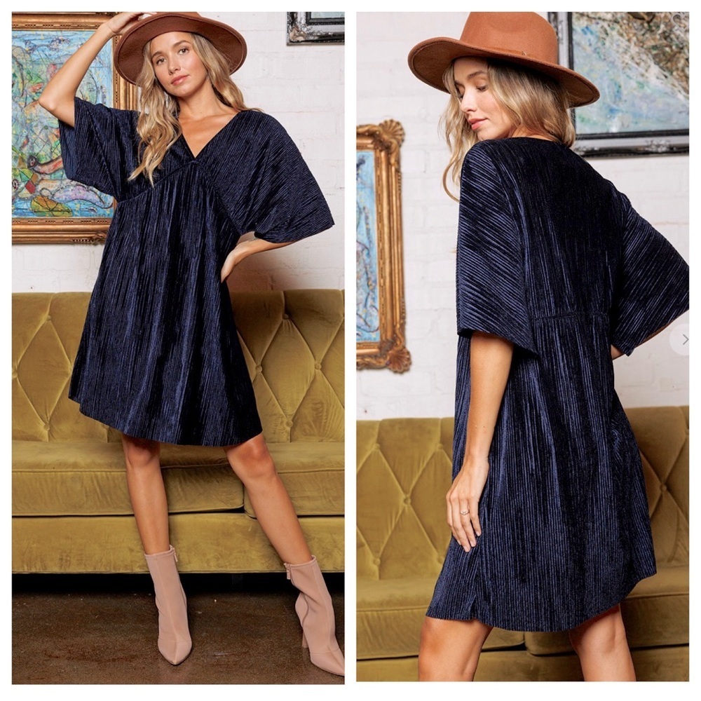 Boho Velvet Rib V-neck Long Sleeve Dress